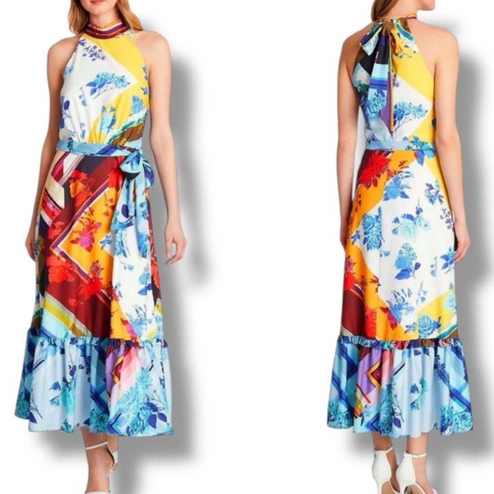 Tahari ASL Blue/Yellow Multi Floral Sleeveless Flounce-Hem Maxi Dress Size 8P - Picture 1 of 16